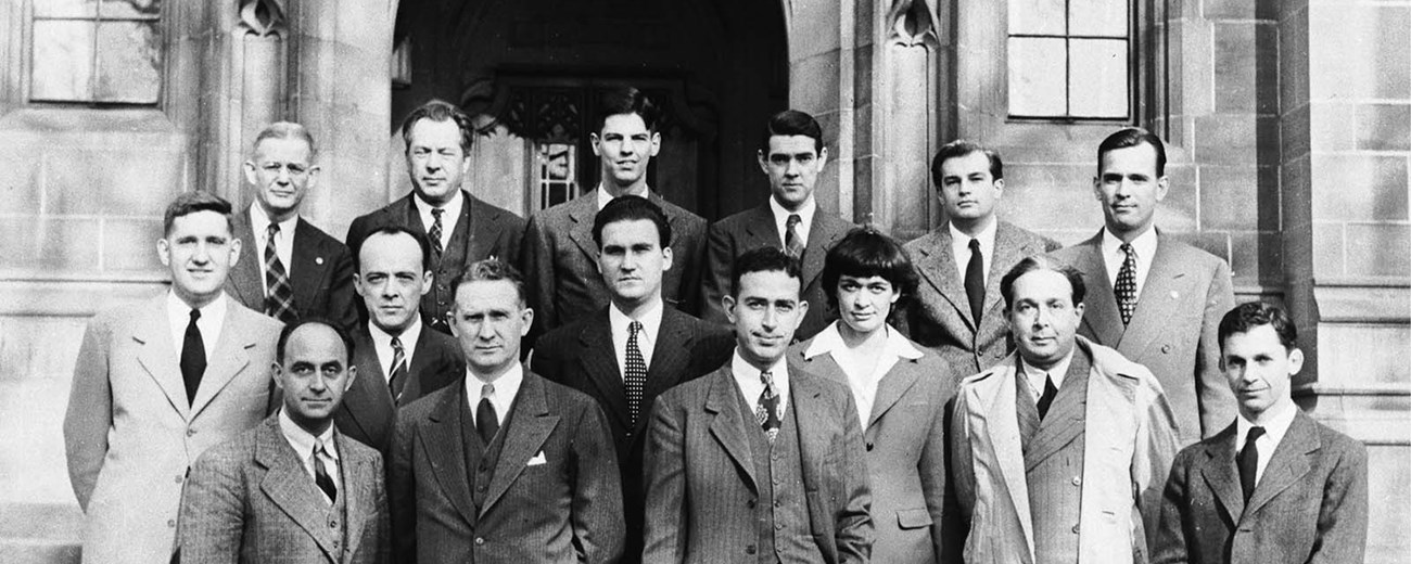 Reunion of atomic scientists on the fourth anniversary of the first controlled nuclear fission reaction at UChicago.